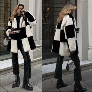 MANGO BLOGGER Black & White Checked Plush Faux Fur Coat Checkered Jacket Coat